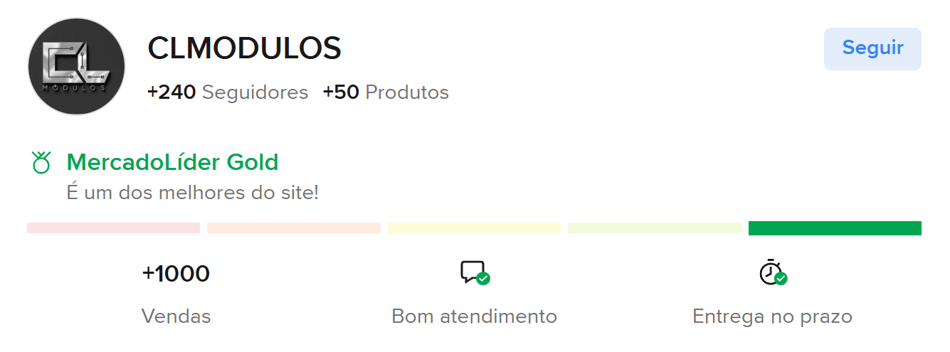 Reputação da CL Módulos no Mercado Livre: selo MercadoLíder Gold e mais de 1000 vendas